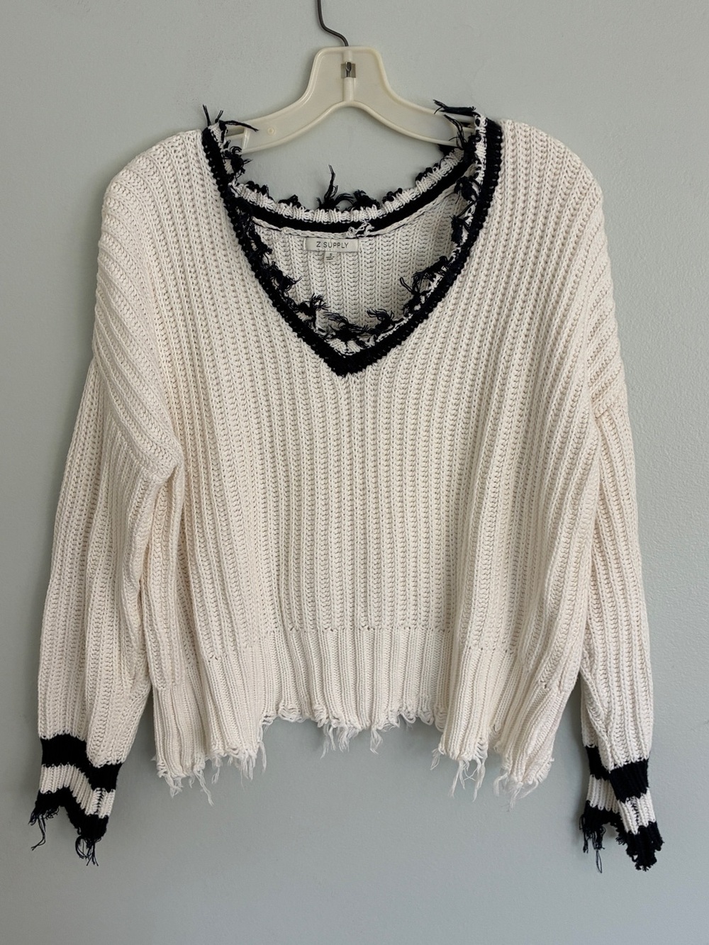 Z Supply White Cotton Distressed V-Neck Varsity Sweater with Navy Trim